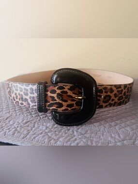 Cache Leather Leopard Print Wide Belt with Black Patent Buckle